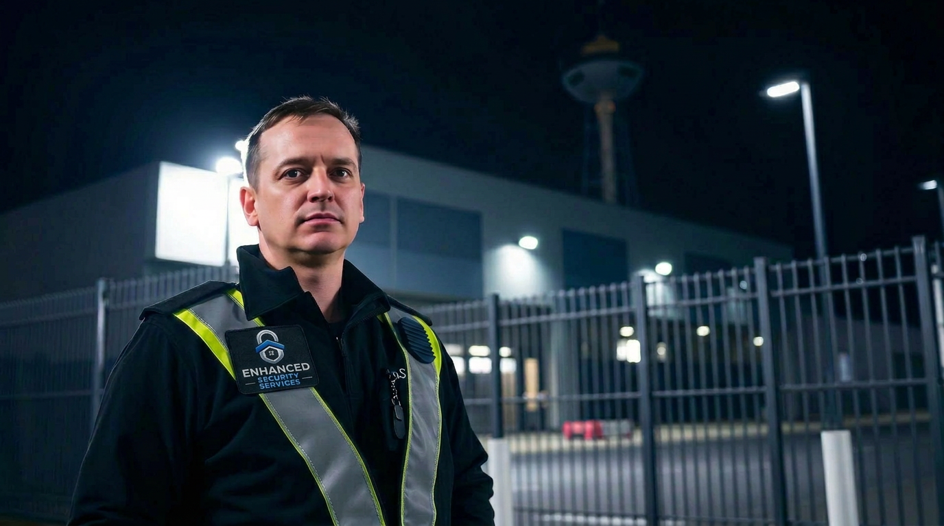 Security officer protecting a UK commercial site at night